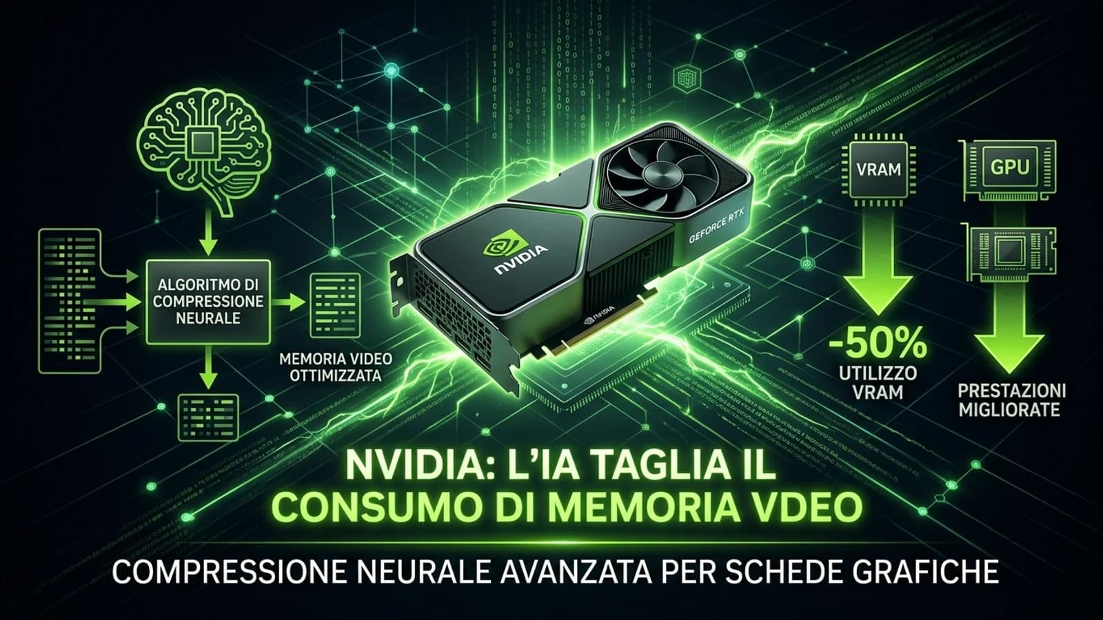 Infografica NVIDIA con scheda grafica e schemi sulla riduzione della memoria video.