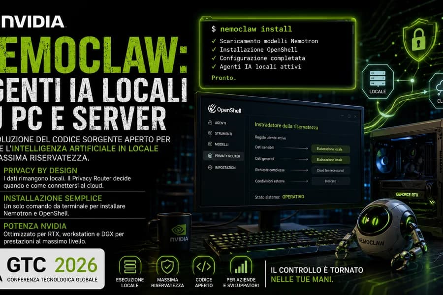 Schermate di NemoClaw e computer nella grafica sugli agenti IA locali di NVIDIA.