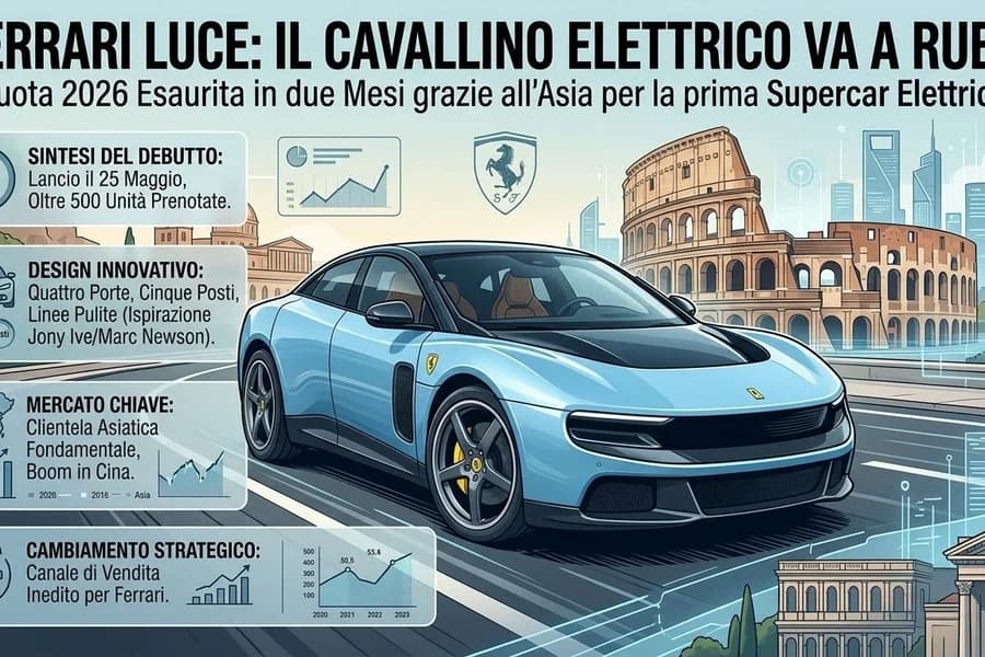 Auto sportiva elettrica Ferrari Luce in un fotomontaggio con schede informative.