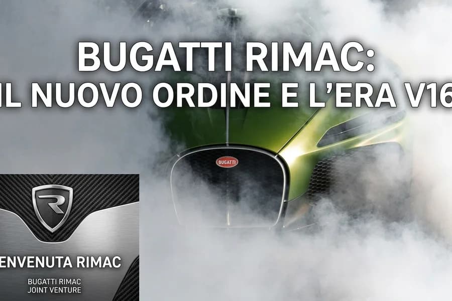 Render di una sportiva Bugatti Rimac con loghi automobilistici su fondo nero.
