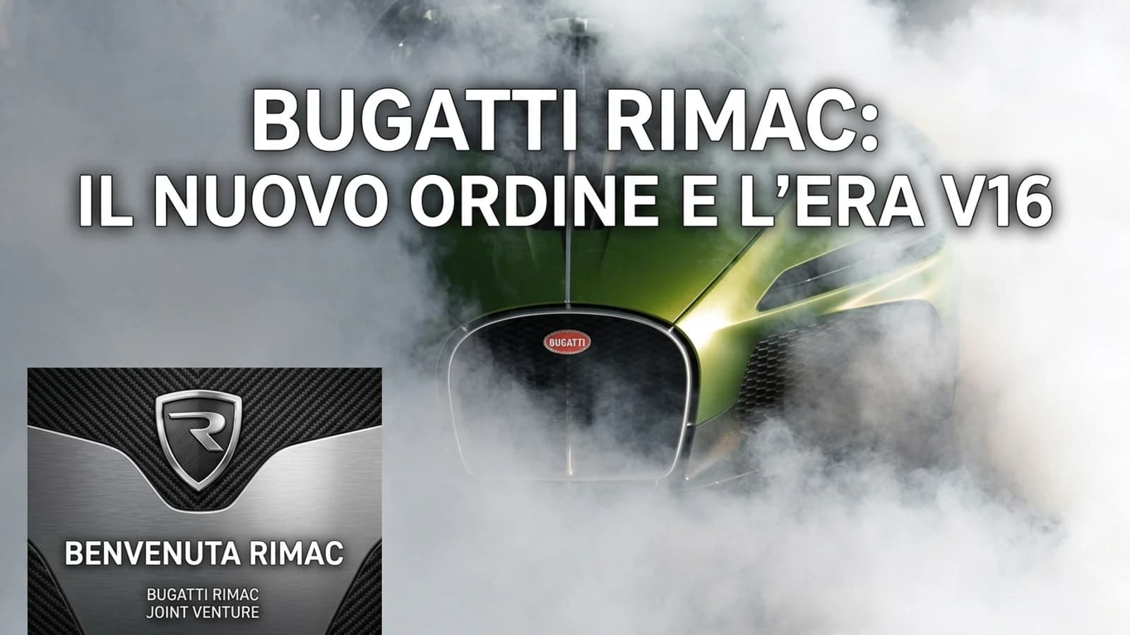 Render di una sportiva Bugatti Rimac con loghi automobilistici su fondo nero.