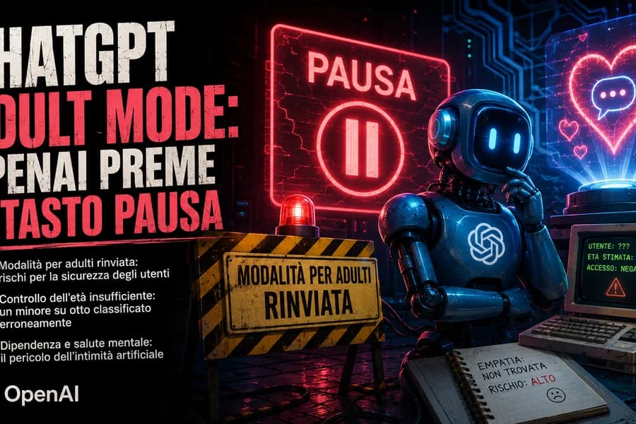 Infografica sul rinvio della modalità adult di ChatGPT con segnali di pausa e interfacce.