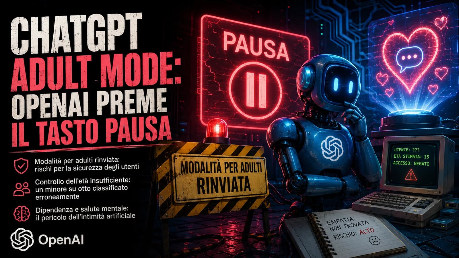 Infografica sul rinvio della modalità adult di ChatGPT con segnali di pausa e interfacce.