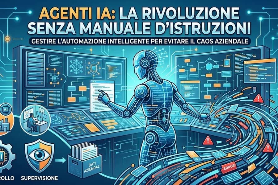 Illustrazione di agenti IA e interfacce digitali in una sala operativa.