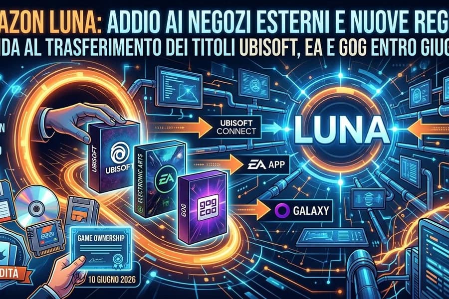 Grafica di Amazon Luna con controller, schermi e riferimenti alle nuove regole.