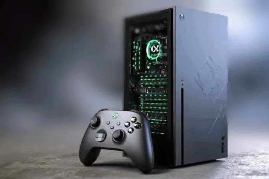 Render di una console Xbox nera con controller e pannello posteriore luminoso.