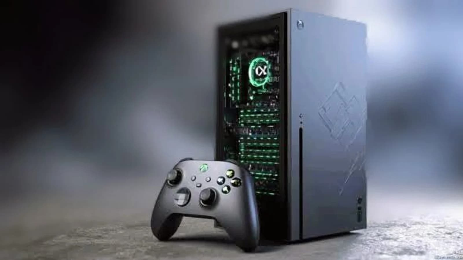Render di una console Xbox nera con controller e pannello posteriore luminoso.