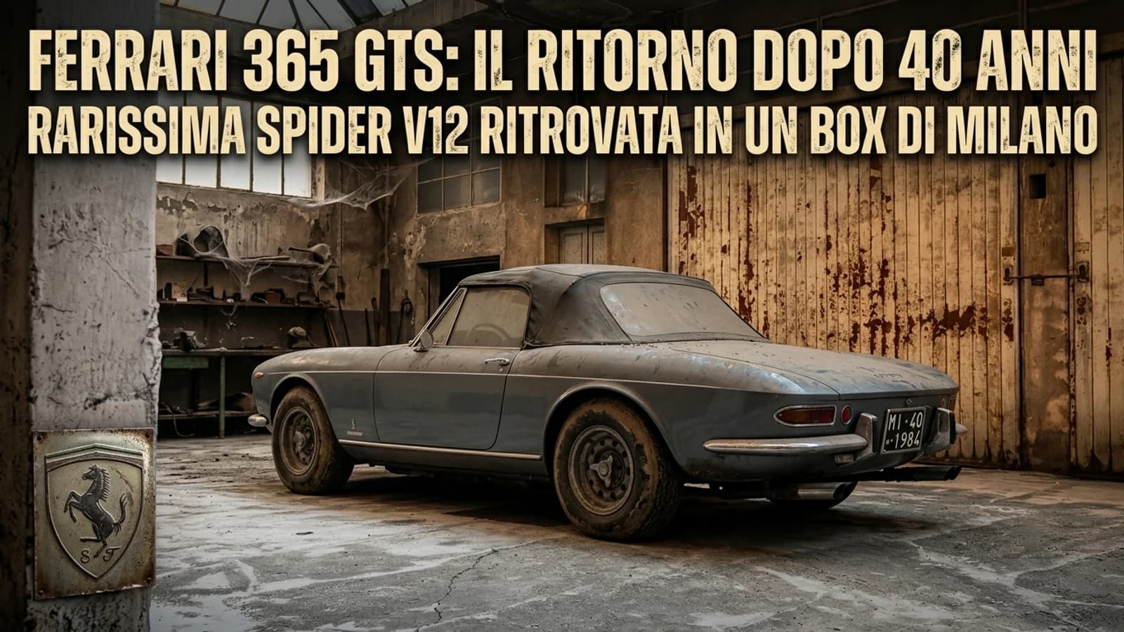 Ferrari 365 GTS d'epoca grigia parcheggiata davanti a un edificio industriale.