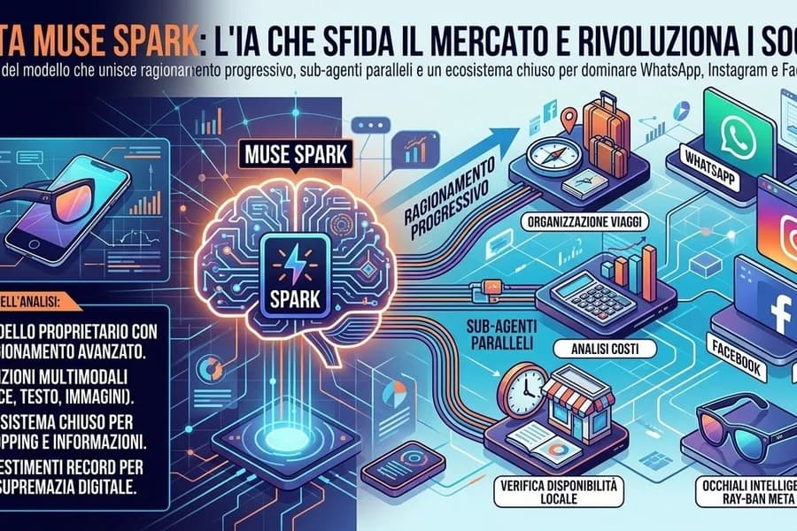 Infografica dedicata a Meta Muse Spark con chip IA e dispositivi digitali.