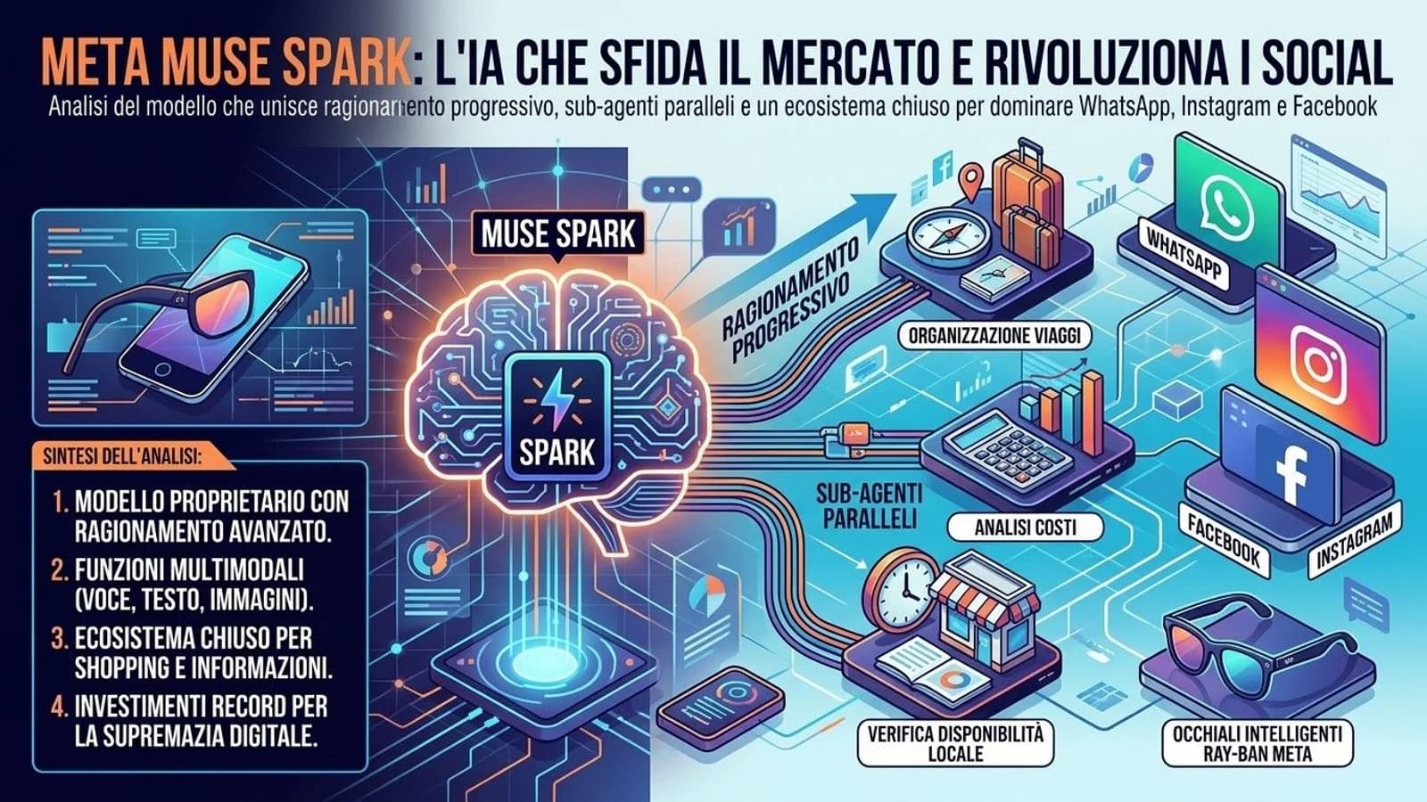 Infografica dedicata a Meta Muse Spark con chip IA e dispositivi digitali.