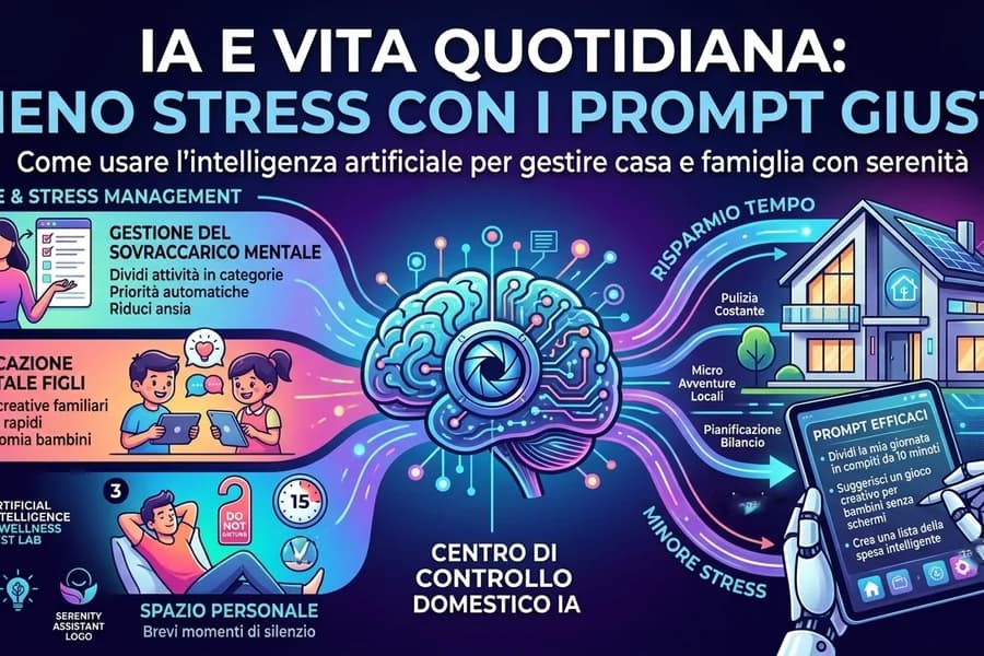 Grafica su IA e benessere quotidiano, con strumenti digitali e suggerimenti per la famiglia.