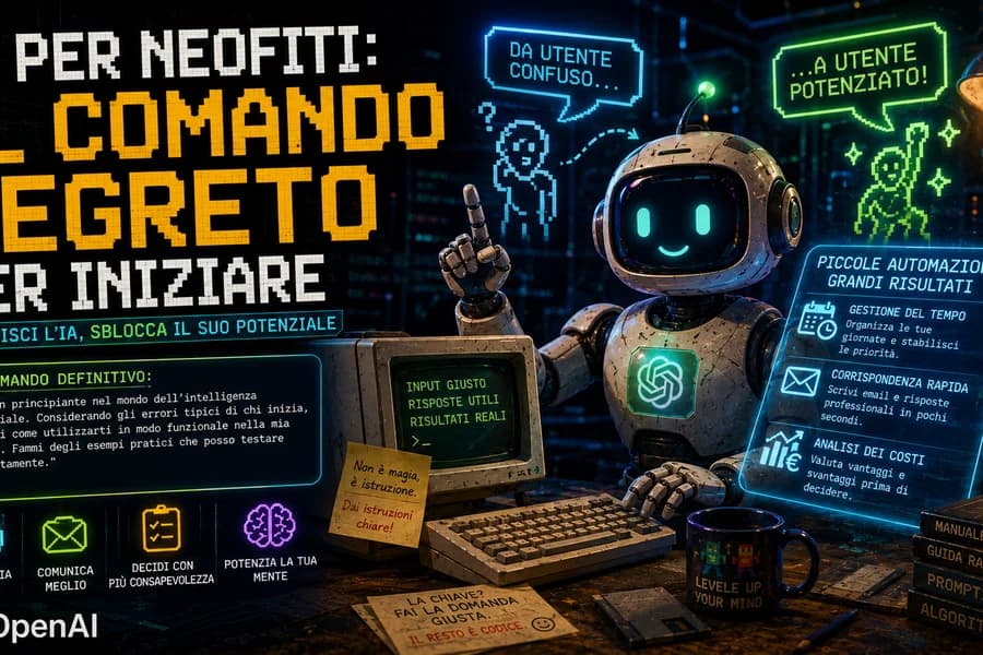 Illustrazione di un robot assistente e piccoli schermi con istruzioni per iniziare a usare l'IA.