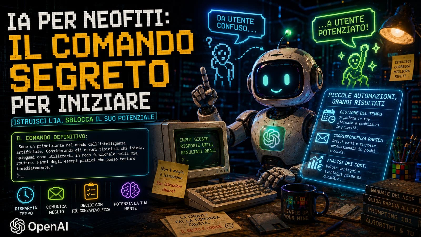 Illustrazione di un robot assistente e piccoli schermi con istruzioni per iniziare a usare l'IA.