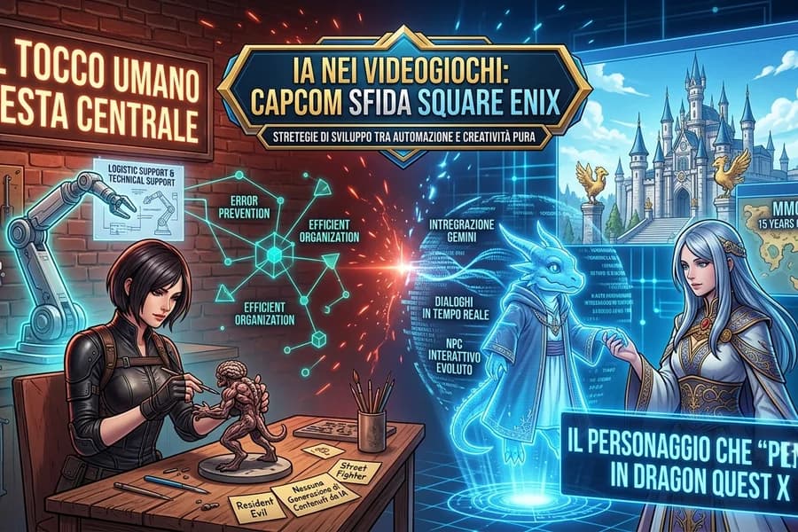 Illustrazione di ambienti di videogiochi e sviluppo IA in un confronto tra Capcom e Square Enix.