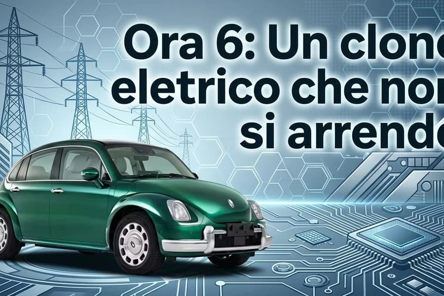 Fiat 500 d'epoca verde in un paesaggio con pale eoliche e riferimenti a una conversione elettrica.