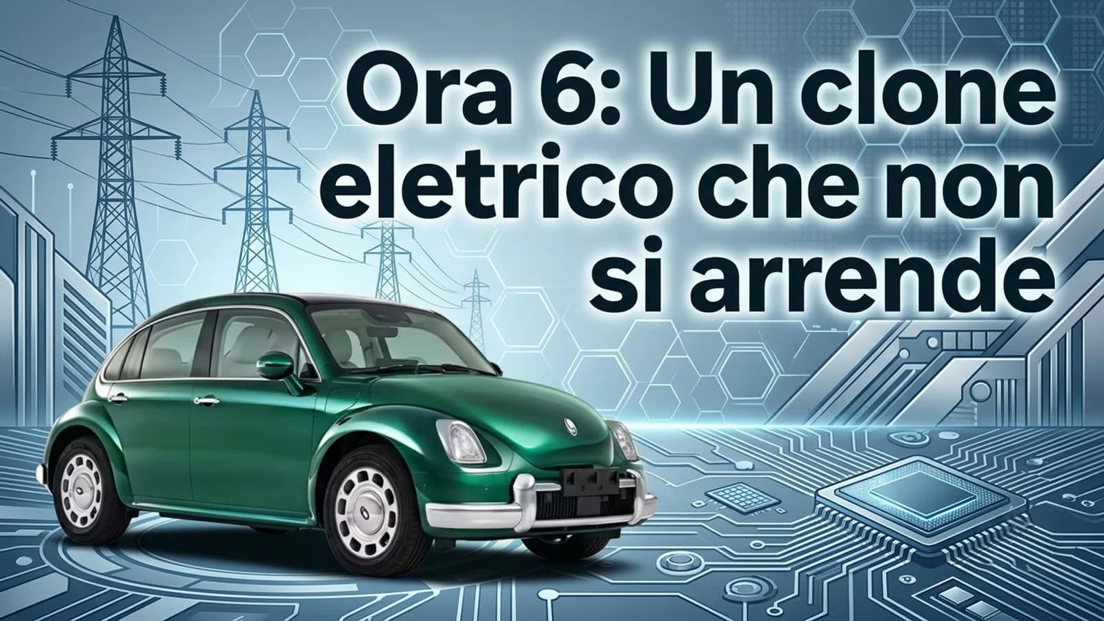 Fiat 500 d'epoca verde in un paesaggio con pale eoliche e riferimenti a una conversione elettrica.