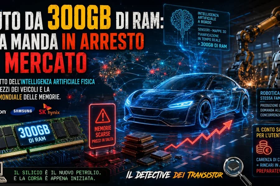Illustrazione di un'automobile con chip, server e grafici sulla memoria RAM per i sistemi di bordo.