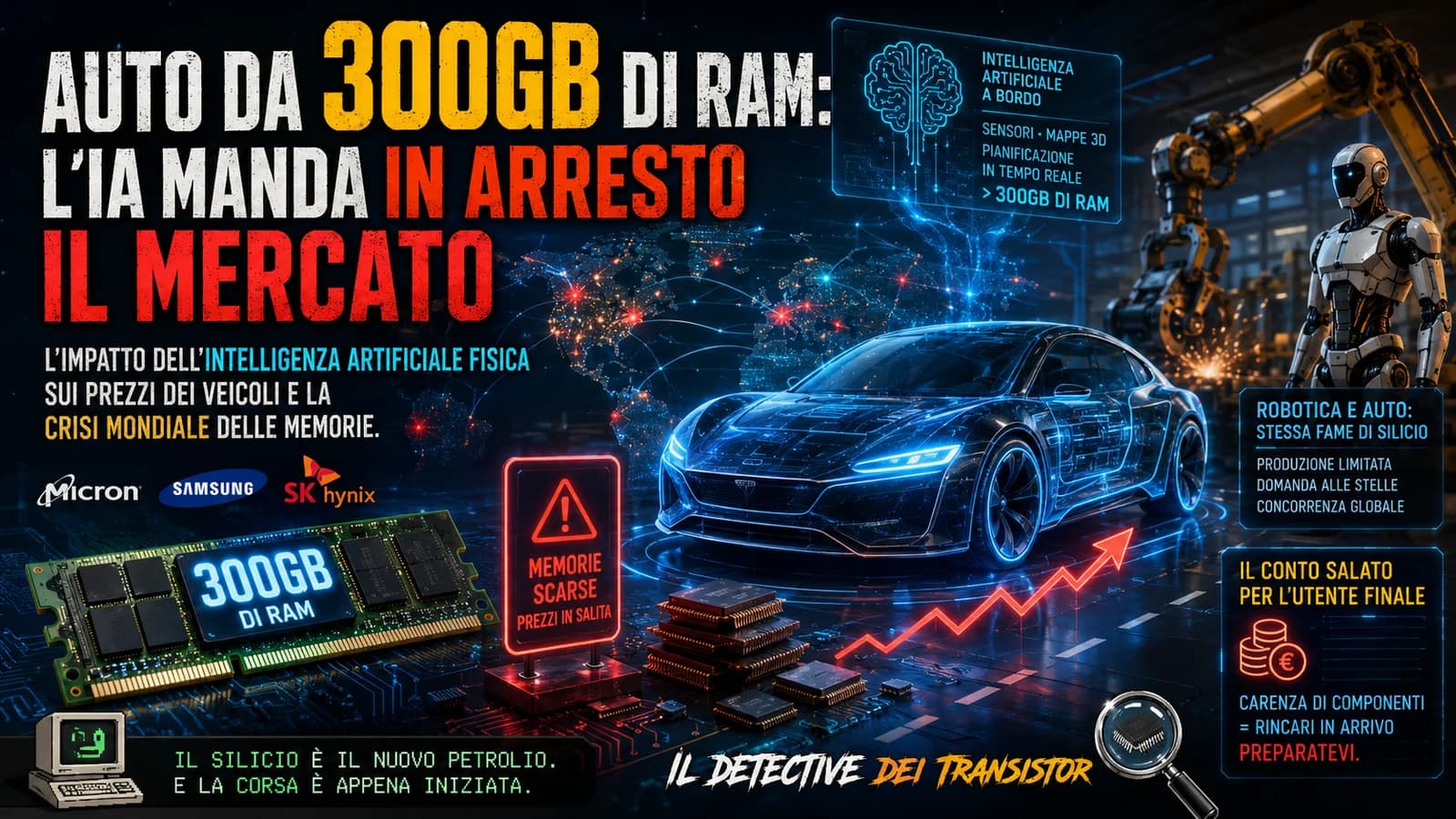 Illustrazione di un'automobile con chip, server e grafici sulla memoria RAM per i sistemi di bordo.