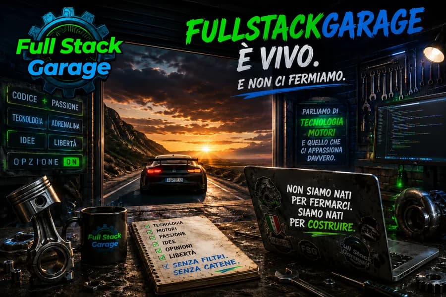 Garage illuminato di notte con auto e logo FullStackGarage in una copertina editoriale.