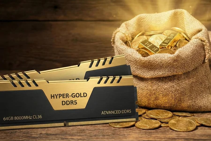 Lingotti d'oro e un sacco di monete accanto a un chip, nella copertina sul rincaro dei componenti.