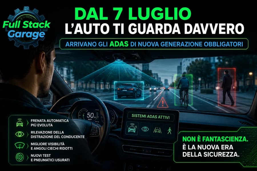 Vista dell'abitacolo con sistemi ADAS e riconoscimento del conducente, in un'illustrazione sulle nuove regole.