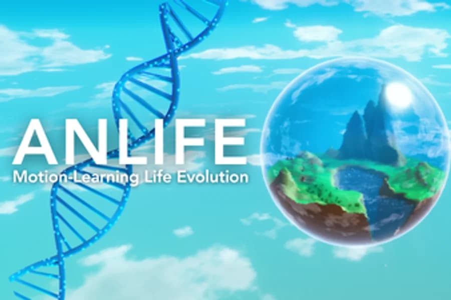 Grafica del gioco Anlife con mondo digitale, DNA e paesaggio verde in una sfera.