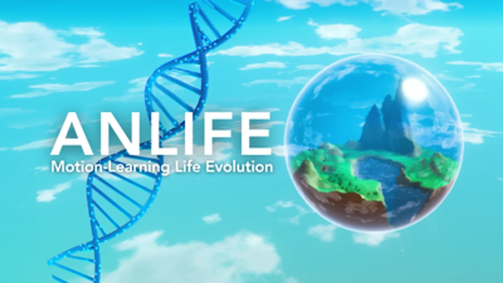 Grafica del gioco Anlife con mondo digitale, DNA e paesaggio verde in una sfera.