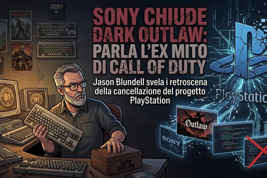 Ritratto di un sviluppatore con collage videoludico nella copertina sulla chiusura di Dark Outlaw.
