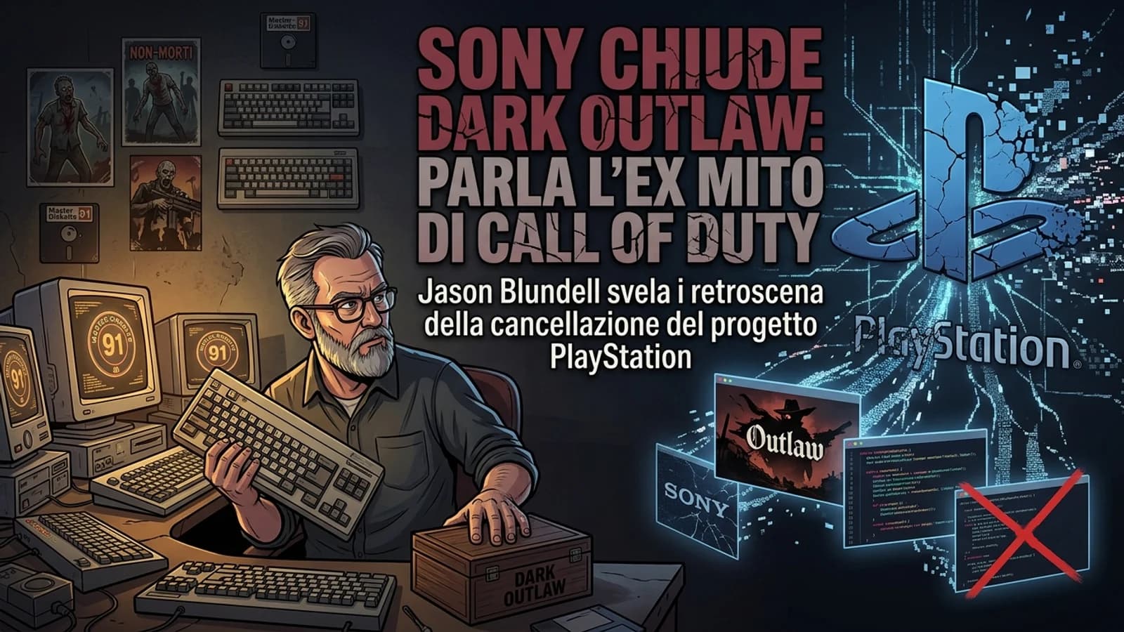 Ritratto di un sviluppatore con collage videoludico nella copertina sulla chiusura di Dark Outlaw.