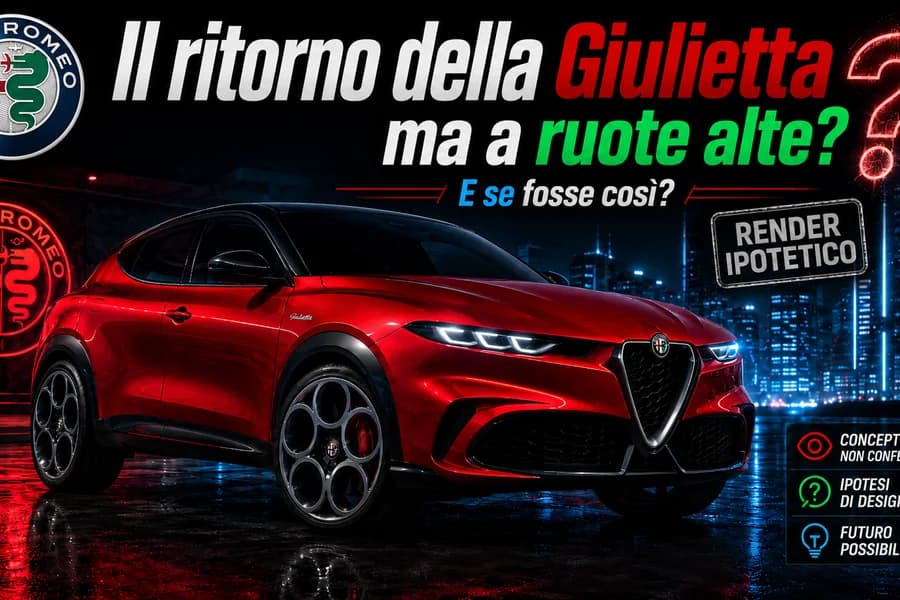 Render di un SUV Alfa Romeo rosso con riferimenti alla possibile nuova Giulietta a ruote alte.