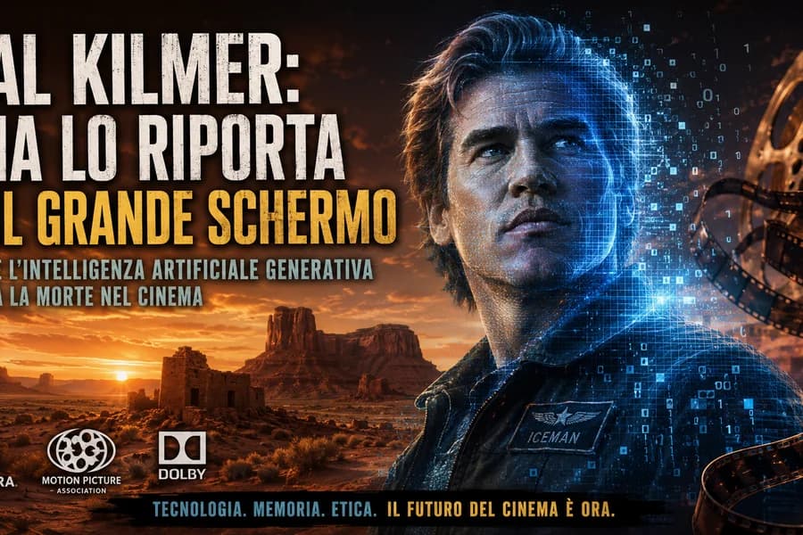 Ritratto di Val Kilmer su sfondo cinematografico con elementi grafici dell'IA.