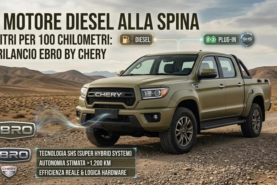 Pickup grigio in un paesaggio naturale con schemi di un sistema diesel ibrido plug-in.
