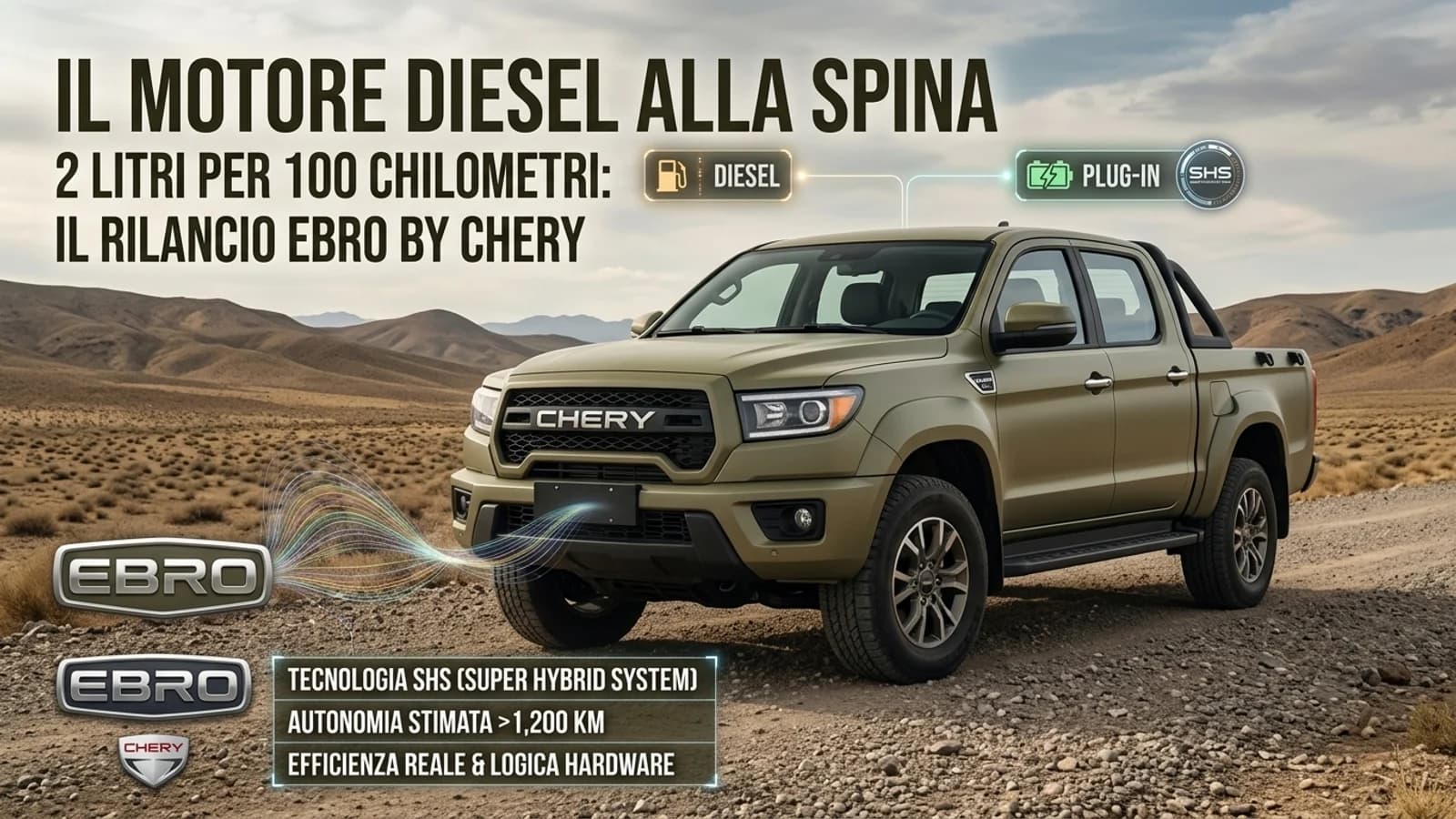 Pickup grigio in un paesaggio naturale con schemi di un sistema diesel ibrido plug-in.