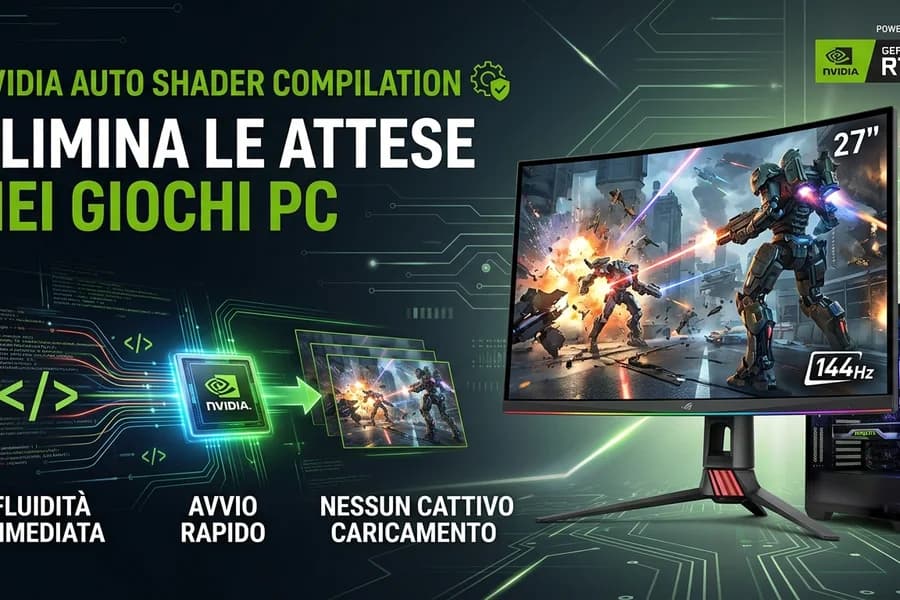 Infografica NVIDIA sulla compilazione degli shader con PC, codice e schermate di videogiochi.