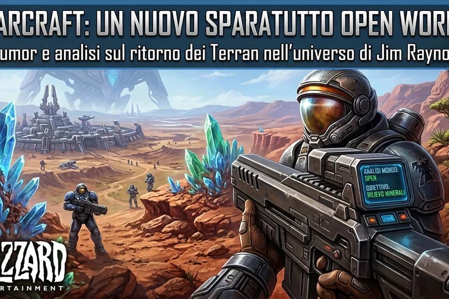 Illustrazione di un paesaggio fantascientifico con soldati e creature nell'universo di StarCraft.