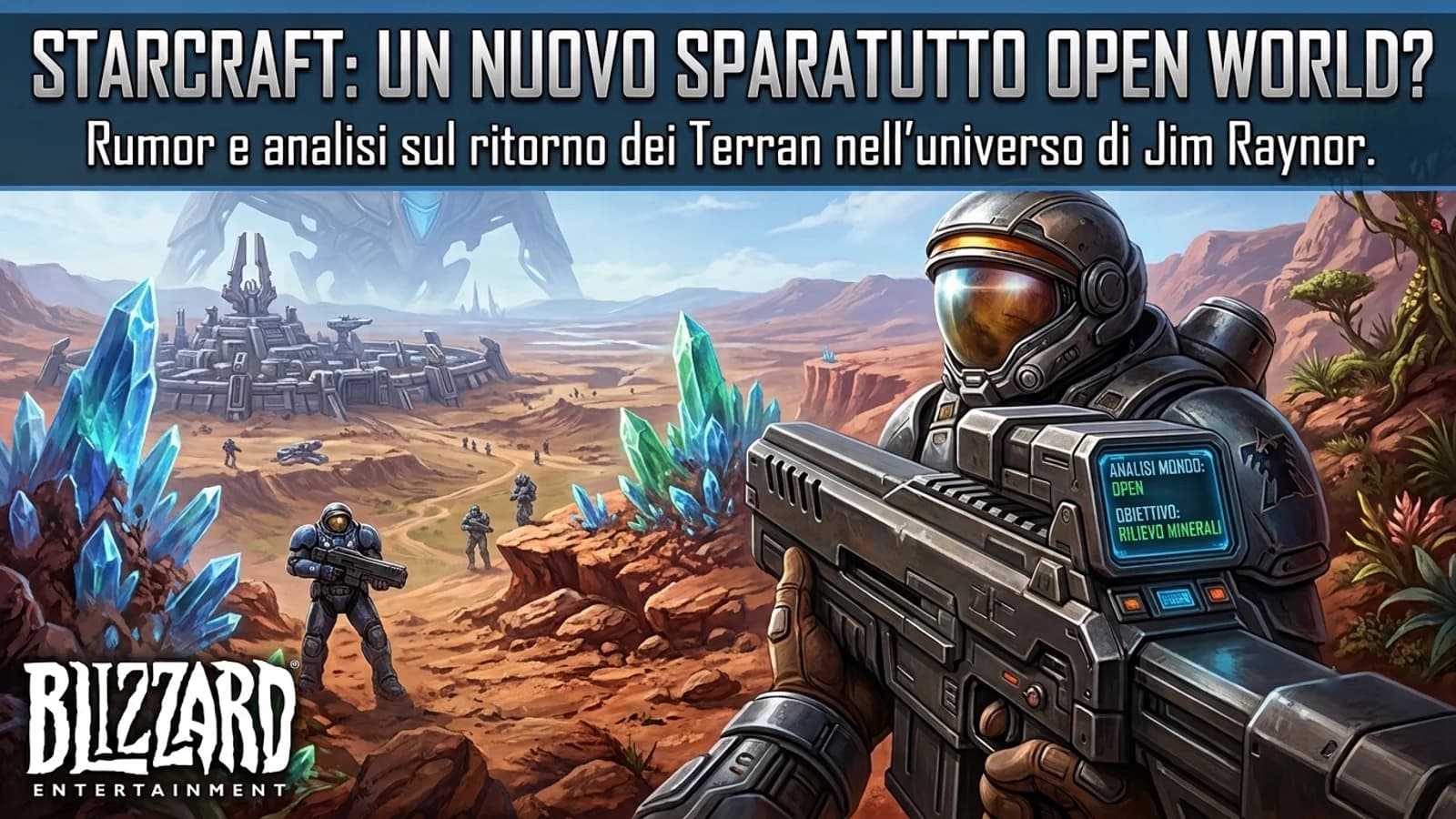 Illustrazione di un paesaggio fantascientifico con soldati e creature nell'universo di StarCraft.