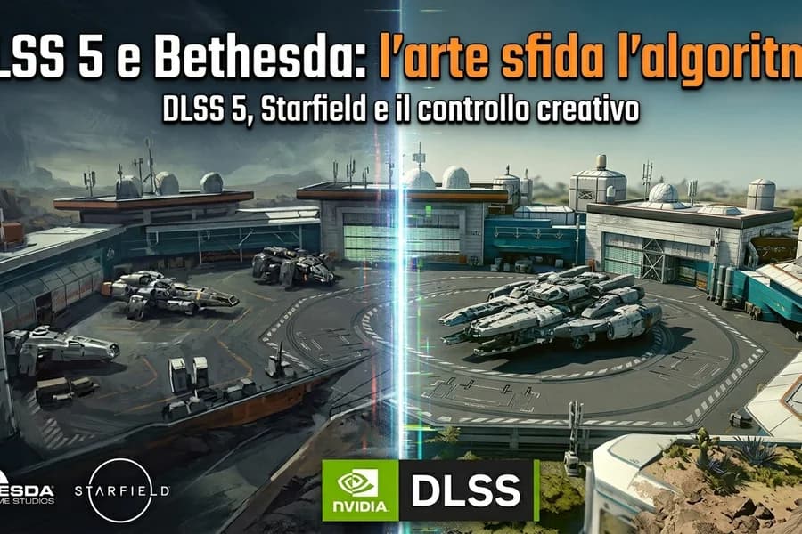 Videogioco fantasy in un confronto tra grafica DLSS 5 e il lavoro artistico di Bethesda.