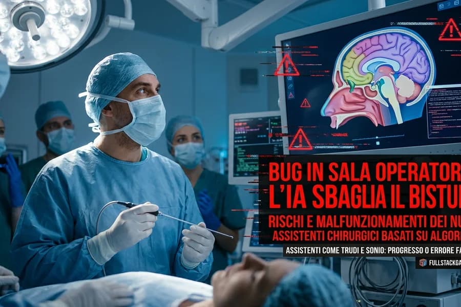 Chirurgo in sala operatoria con schermate IA e un avviso sugli errori degli strumenti digitali.