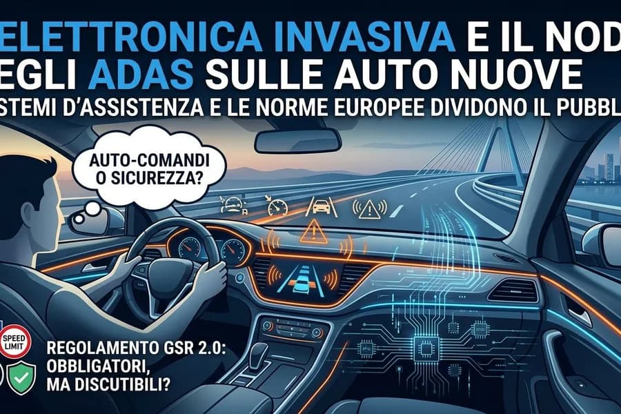 Cruscotto automobilistico con visualizzazioni digitali dei sistemi di assistenza ADAS.
