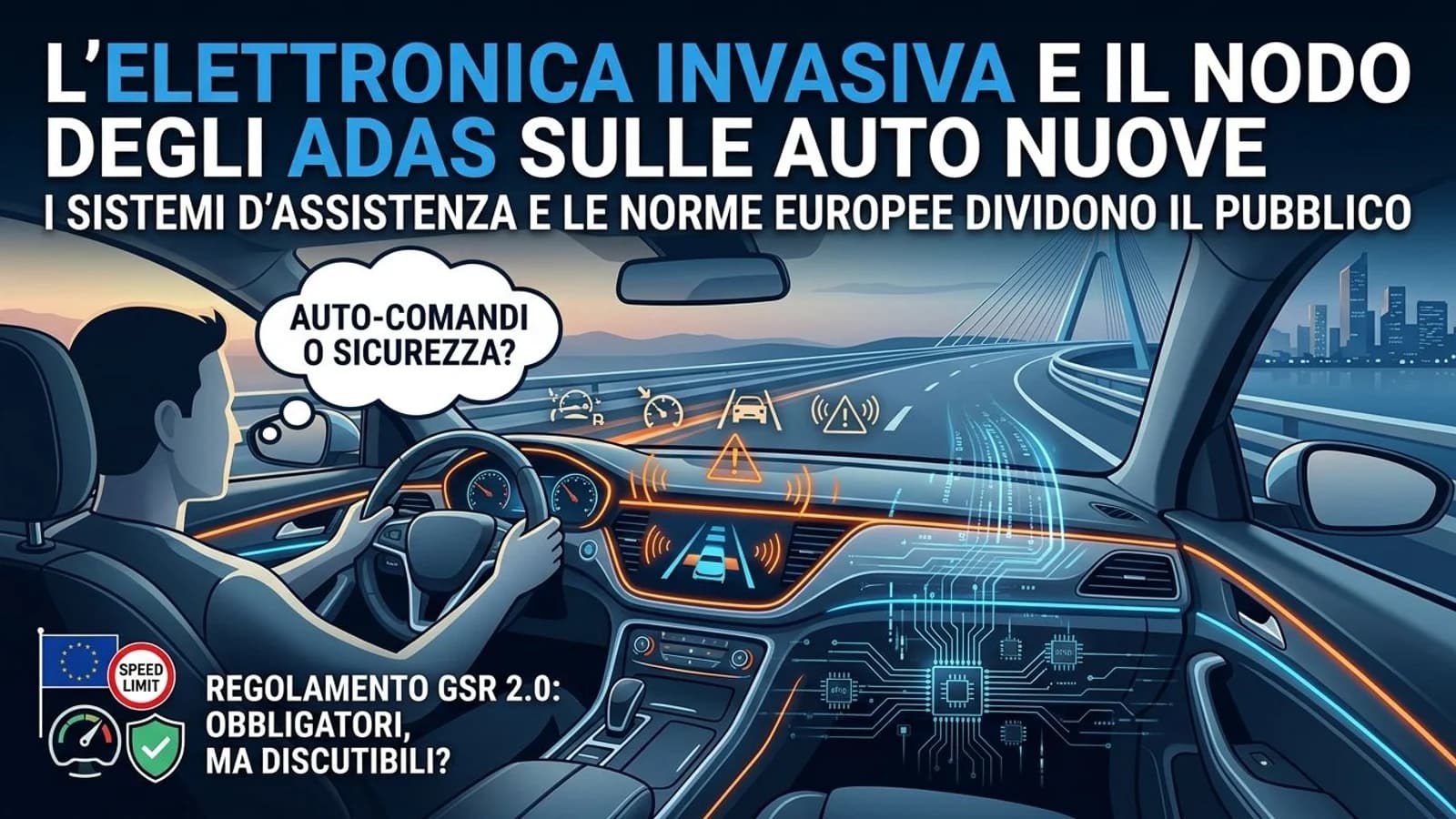 Cruscotto automobilistico con visualizzazioni digitali dei sistemi di assistenza ADAS.