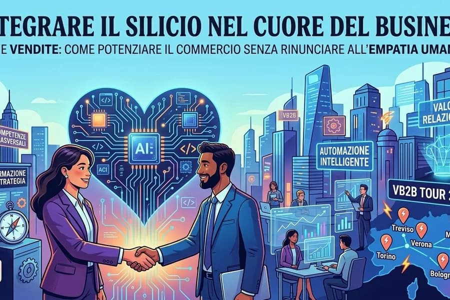 Stretta di mano tra professionisti in un'illustrazione con simboli dell'IA e grafici.