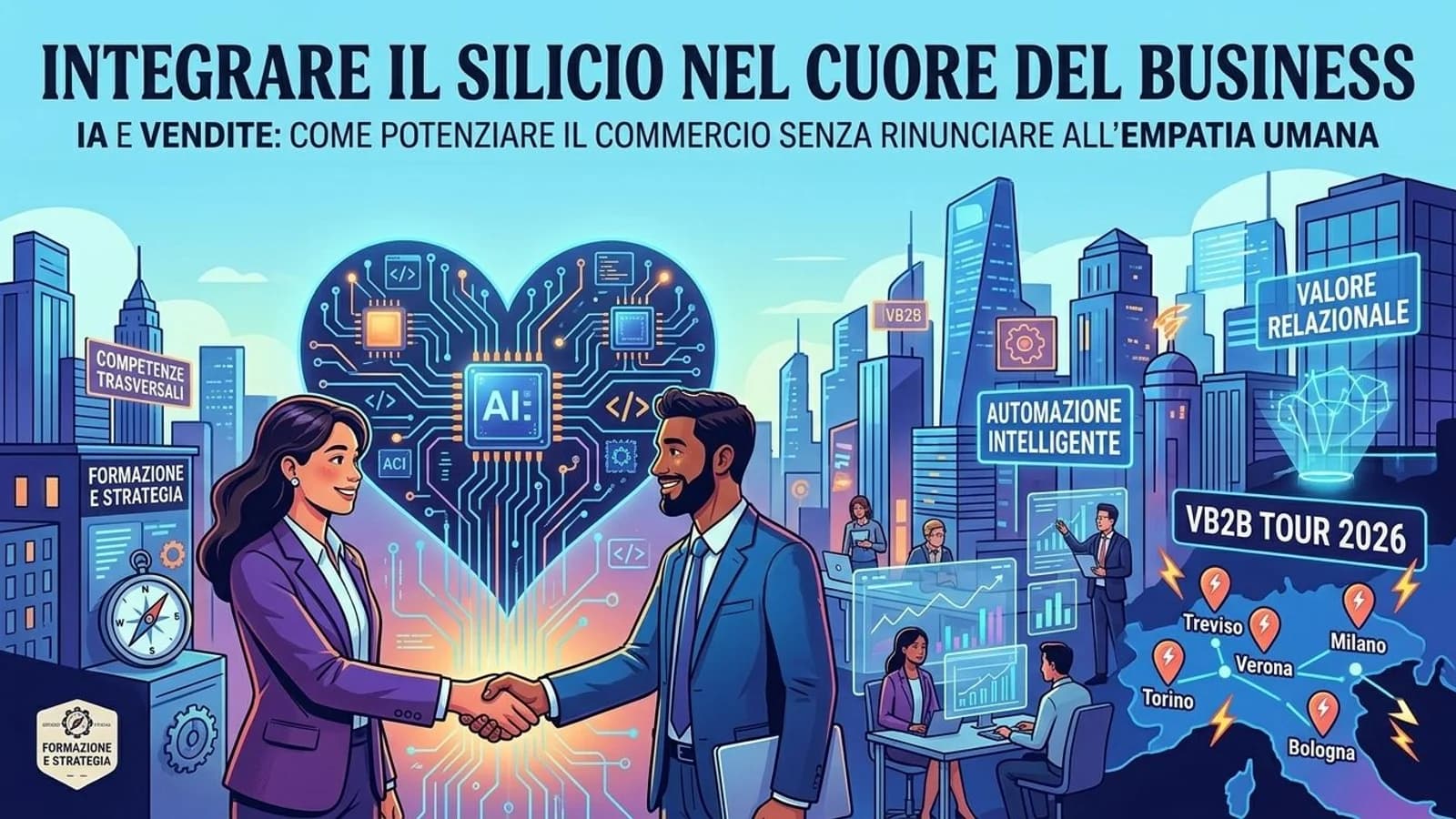 Stretta di mano tra professionisti in un'illustrazione con simboli dell'IA e grafici.