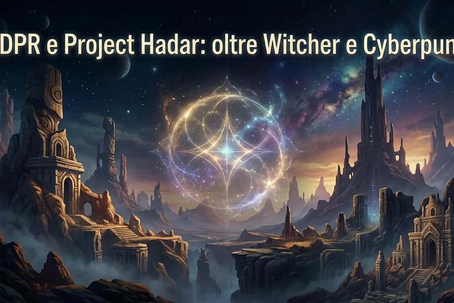 Copertina fantasy di Project Hadar con paesaggio futuristico e riferimenti a CD Projekt.