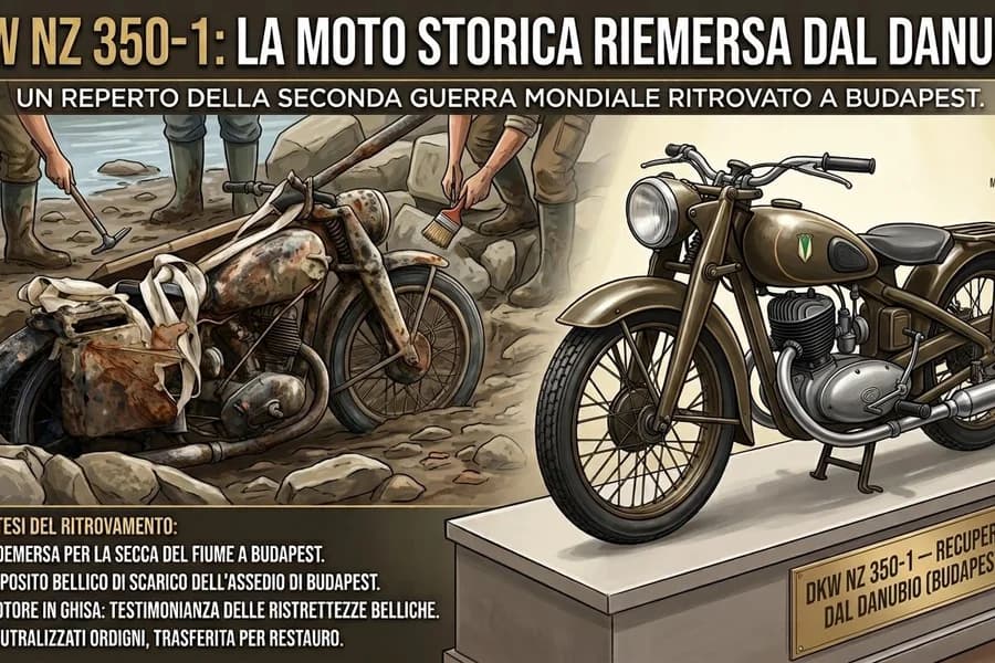 Motocicletta militare storica DKW NZ 350-1 esposta su una pedana.