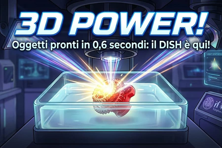 Illustrazione della stampa volumetrica DISH con luce che forma un oggetto in pochi istanti.