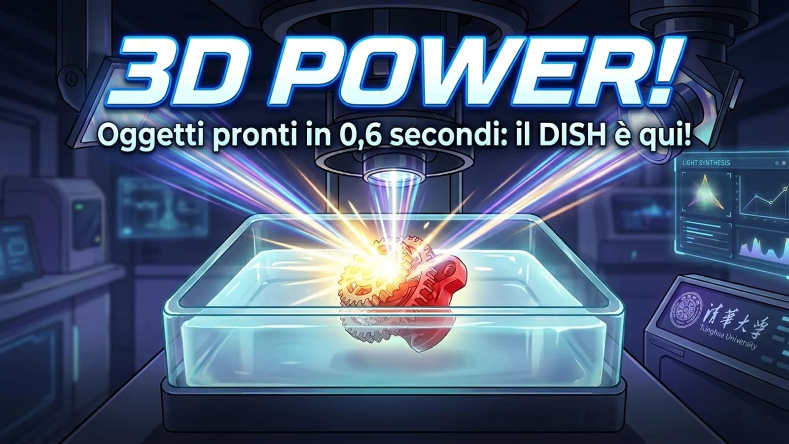 Illustrazione della stampa volumetrica DISH con luce che forma un oggetto in pochi istanti.