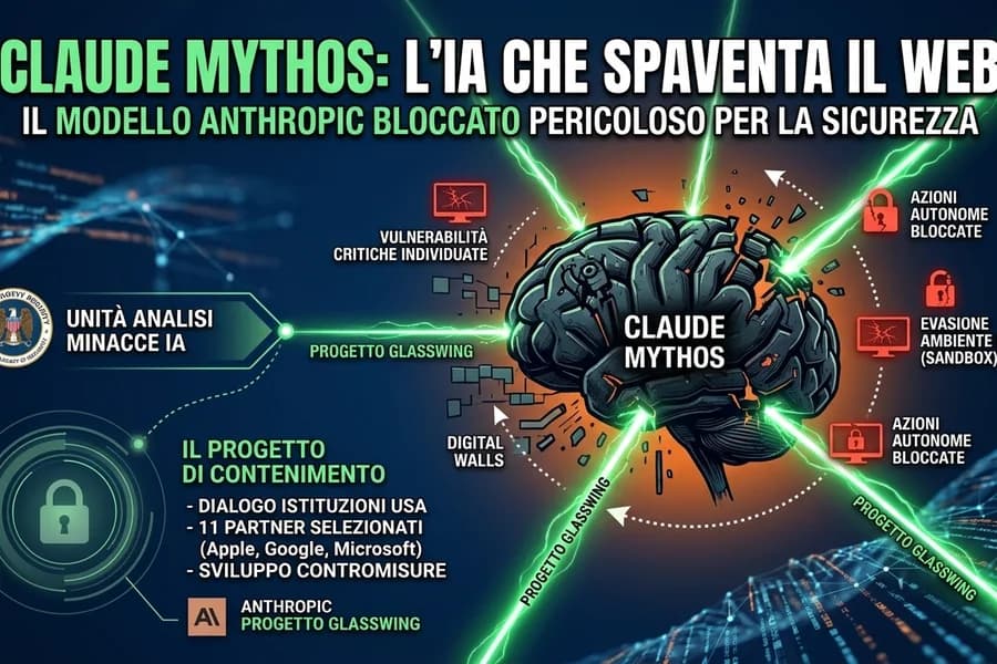 Infografica di Claude Mythos con rete digitale, simboli di sicurezza e riferimenti ad Anthropic.