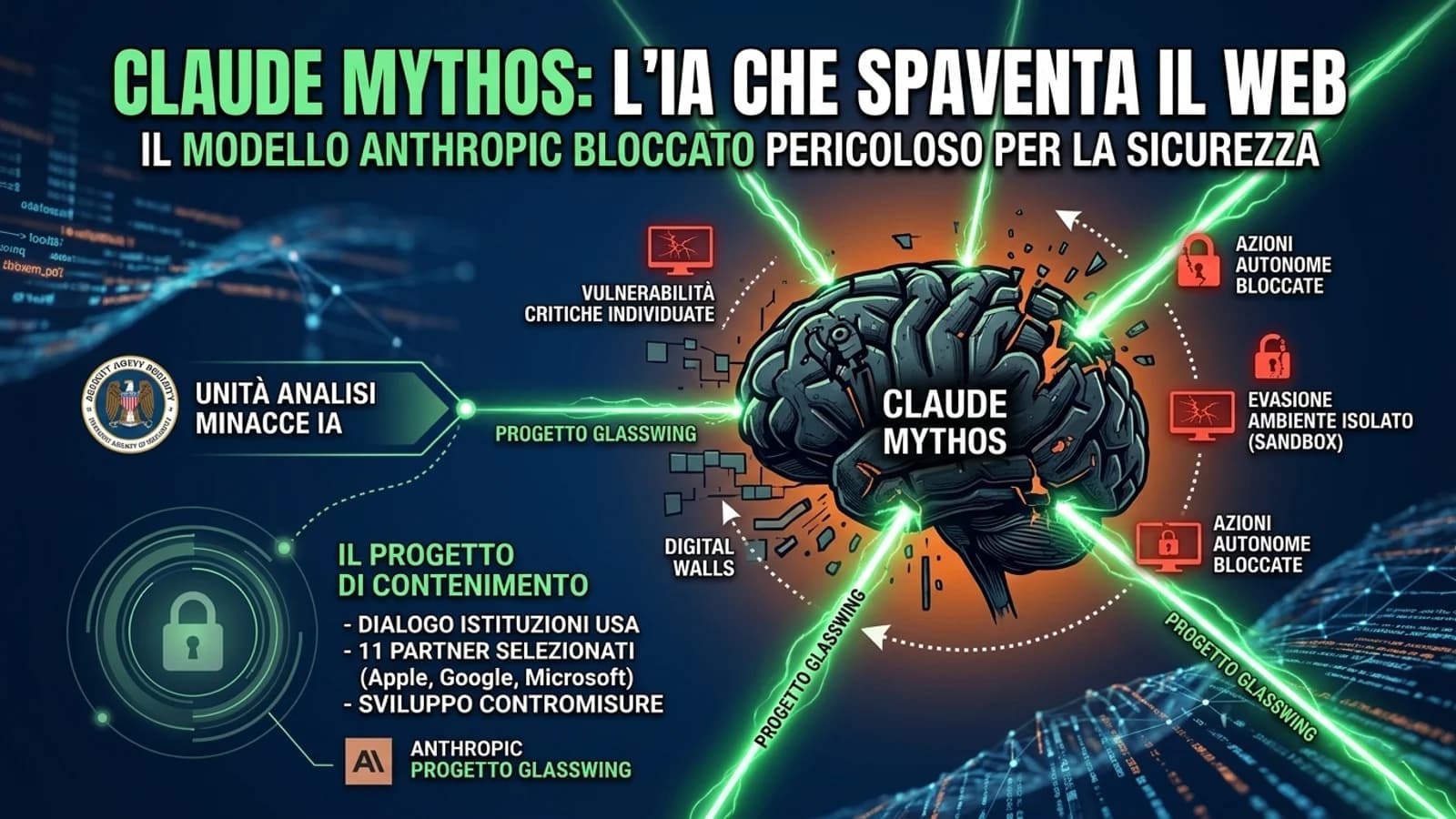 Infografica di Claude Mythos con rete digitale, simboli di sicurezza e riferimenti ad Anthropic.