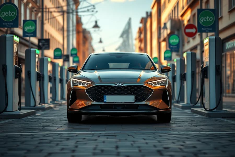Automobile ibrida su una strada cittadina in una grafica dedicata ai cambiamenti del mercato.