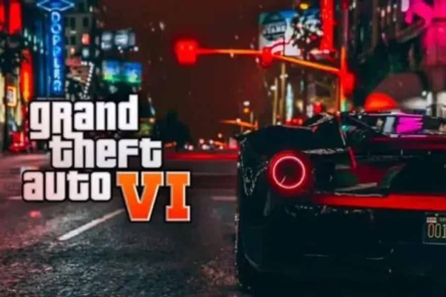 Scena urbana notturna ispirata a GTA VI con automobili e insegne al neon.